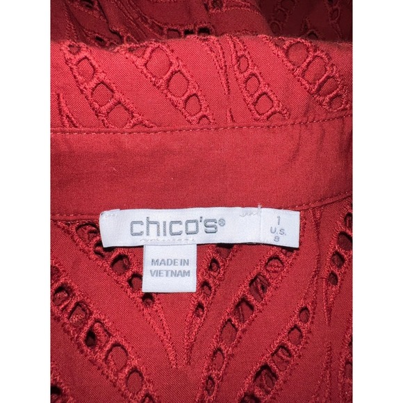 Chicos Rust Eyelet Chevron Button Up Shirt Top Women's Size M (1) Poplin Cutwork - Picture 7 of 8